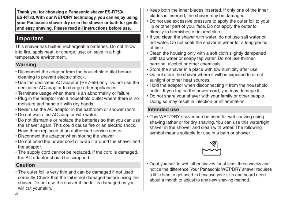Important | Panasonic ESRT33 User Manual | Page 4 / 142