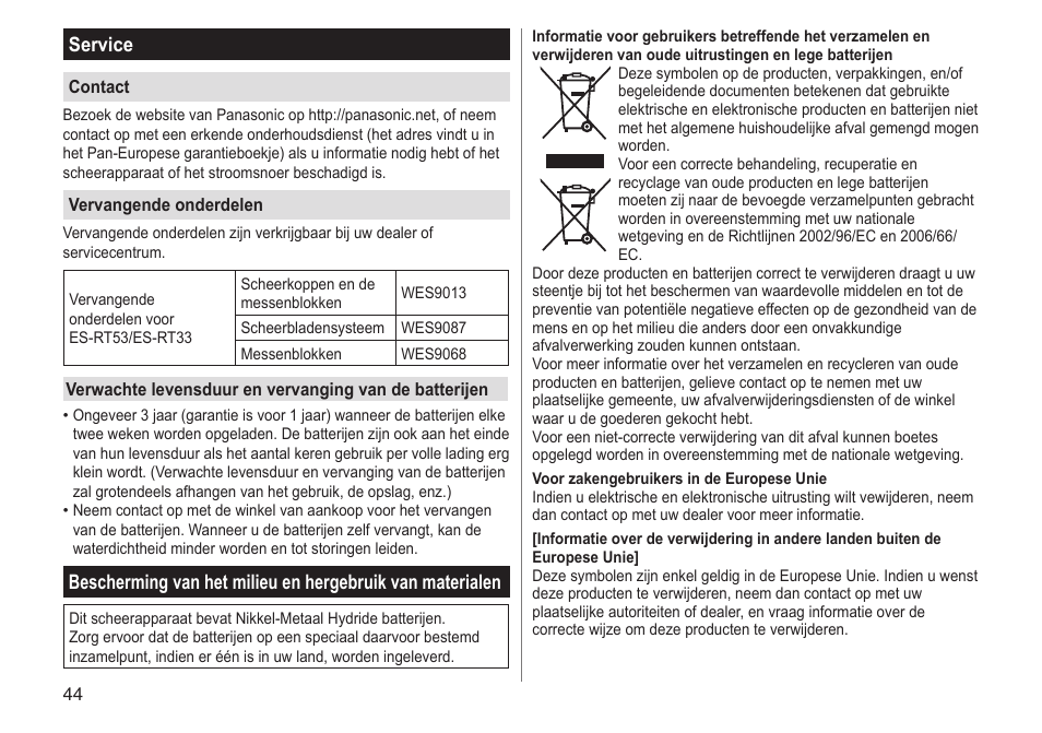 Service | Panasonic ESRT33 User Manual | Page 44 / 142