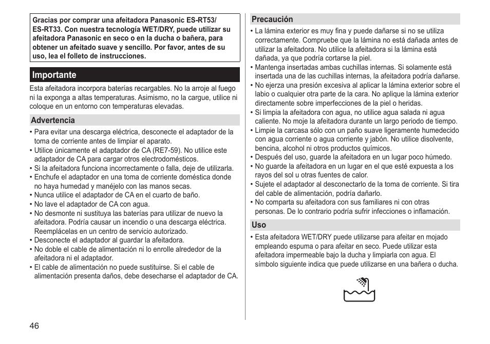 Importante | Panasonic ESRT33 User Manual | Page 46 / 142