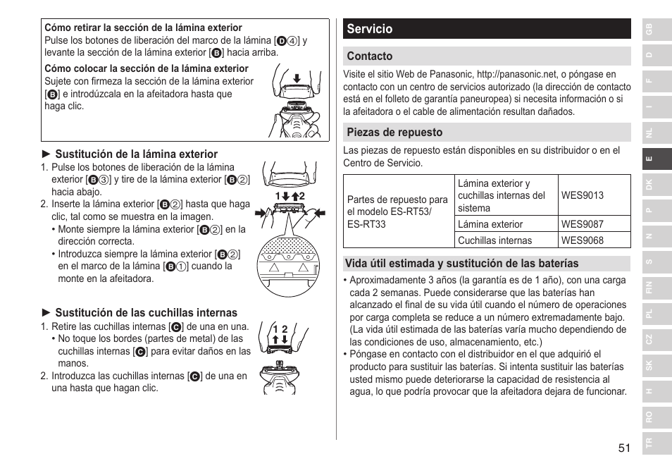 Servicio | Panasonic ESRT33 User Manual | Page 51 / 142