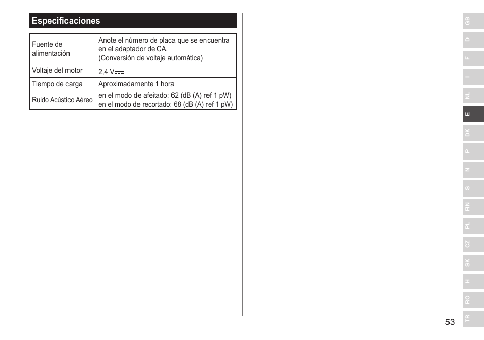 Especificaciones | Panasonic ESRT33 User Manual | Page 53 / 142