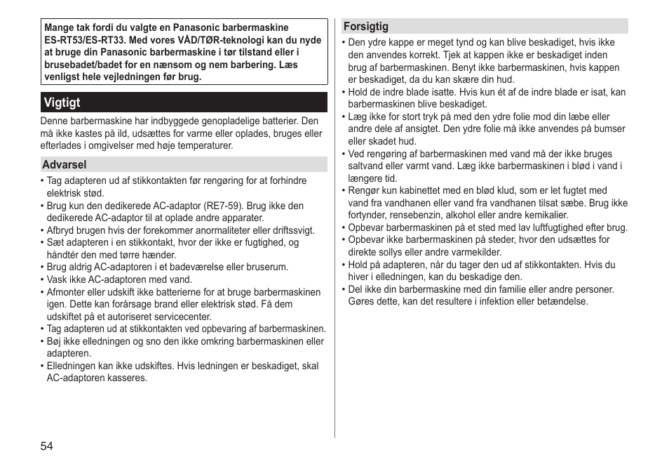 Vigtigt | Panasonic ESRT33 User Manual | Page 54 / 142