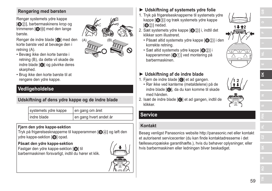 Vedligeholdelse, Service | Panasonic ESRT33 User Manual | Page 59 / 142