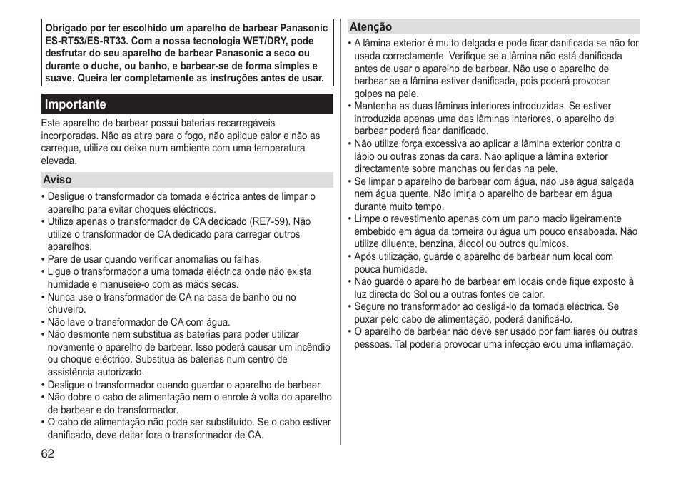 Importante | Panasonic ESRT33 User Manual | Page 62 / 142