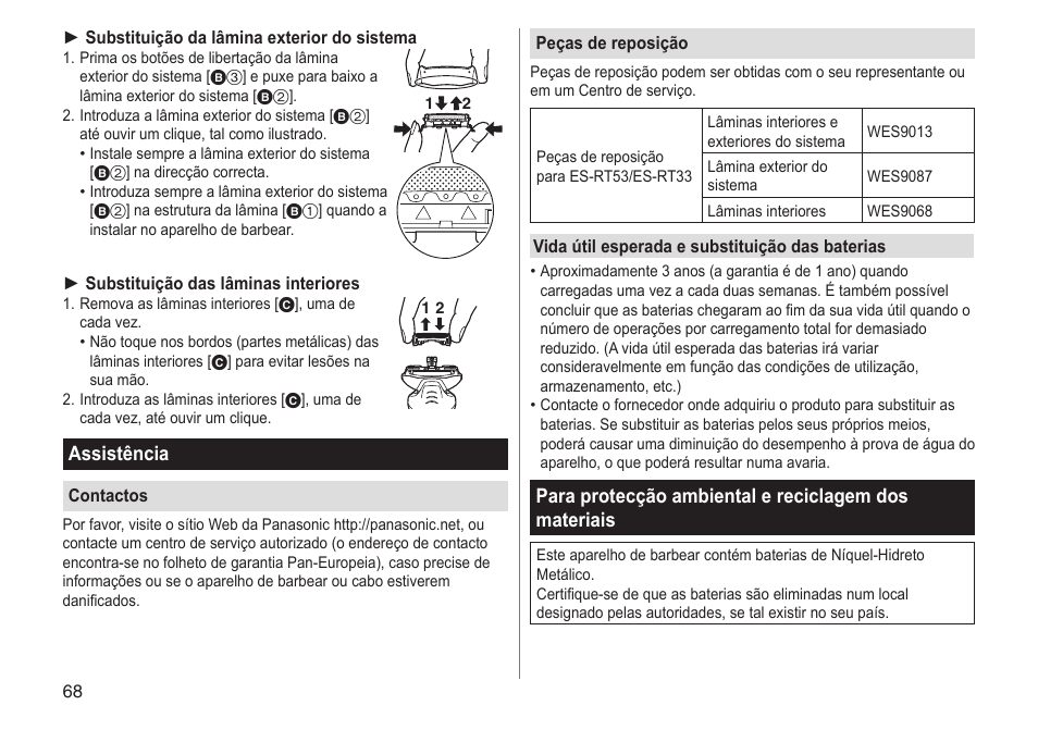 Assistência | Panasonic ESRT33 User Manual | Page 68 / 142
