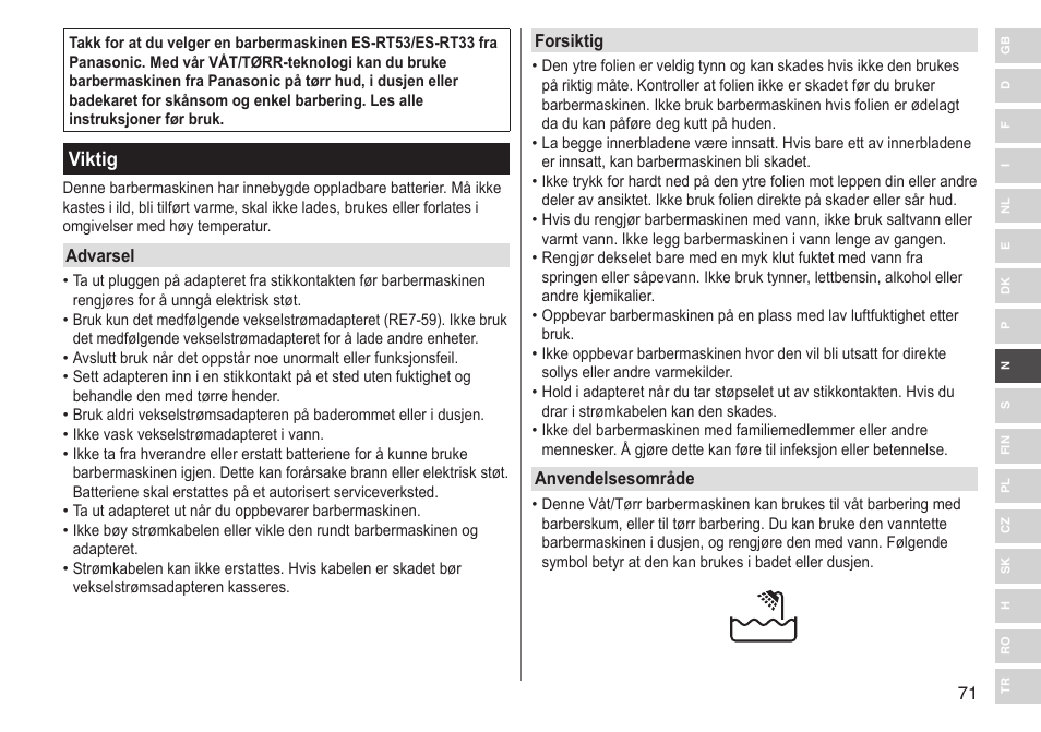 Viktig | Panasonic ESRT33 User Manual | Page 71 / 142
