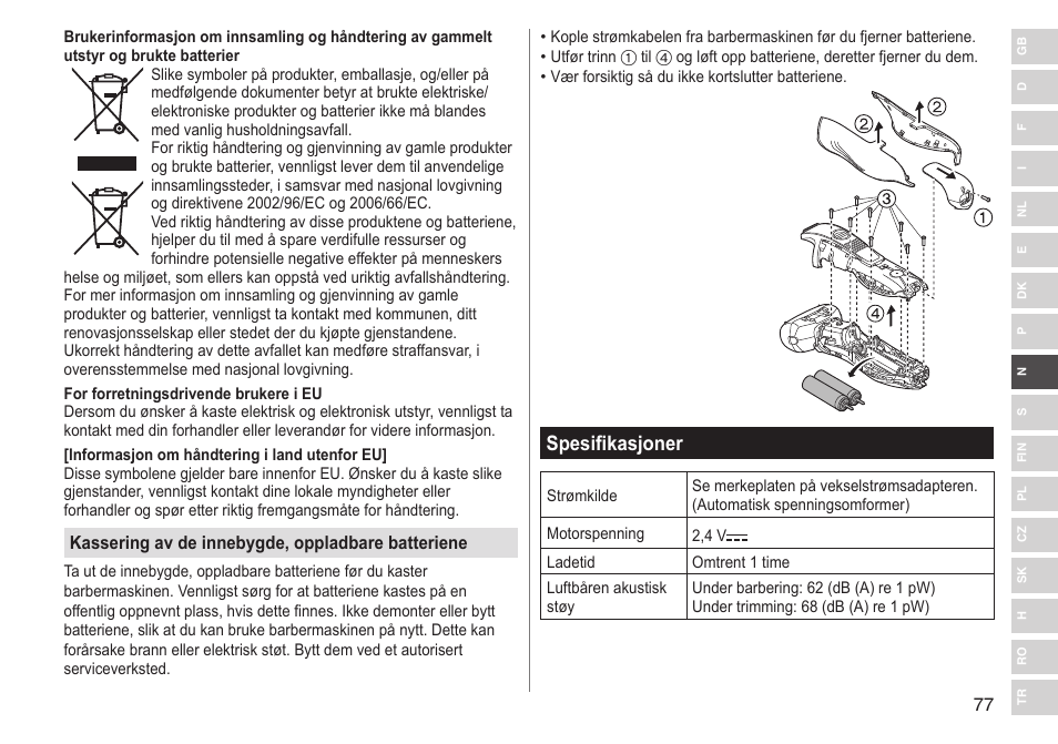 Spesifikasjoner | Panasonic ESRT33 User Manual | Page 77 / 142