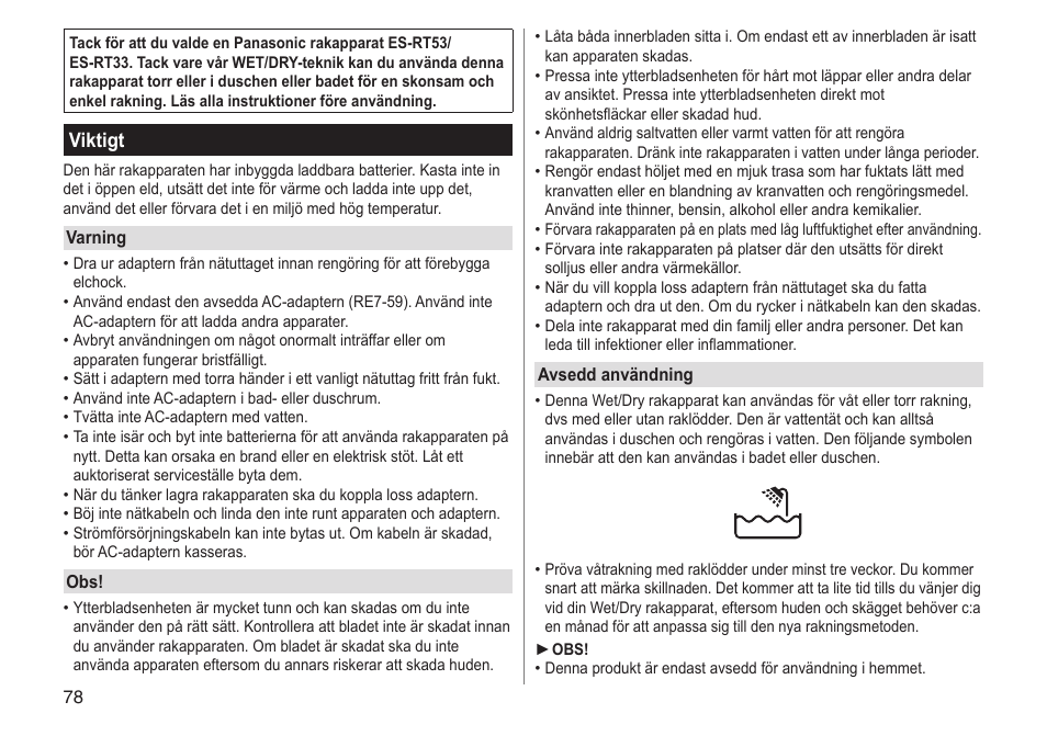 Viktigt | Panasonic ESRT33 User Manual | Page 78 / 142