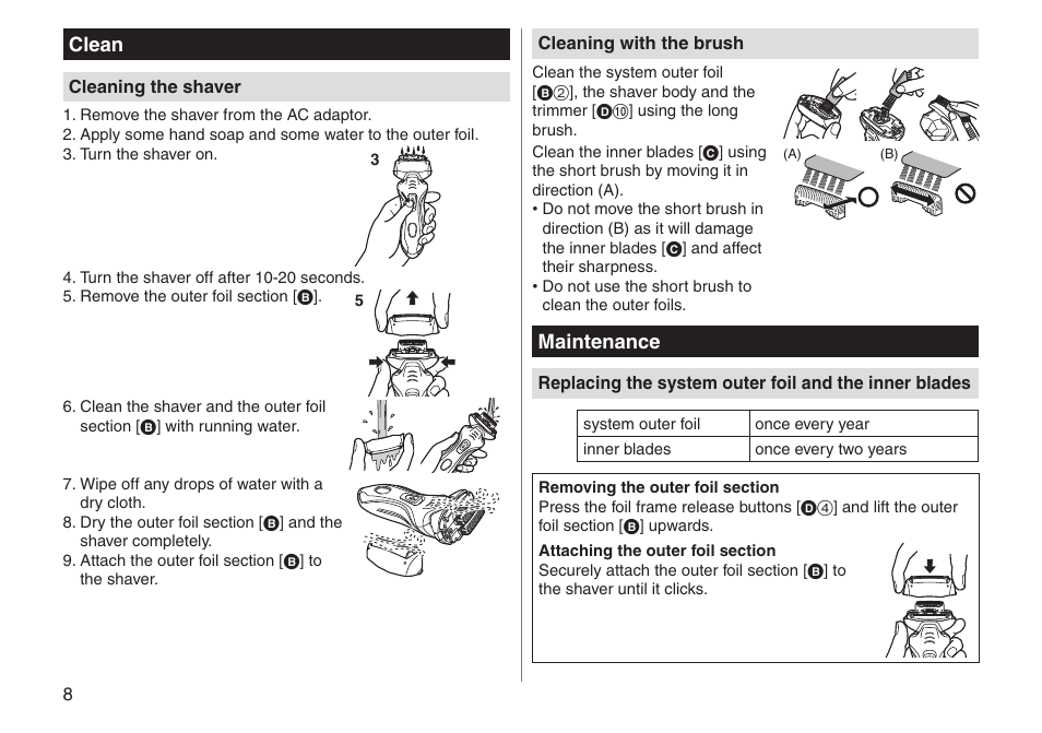 Clean, Maintenance | Panasonic ESRT33 User Manual | Page 8 / 142
