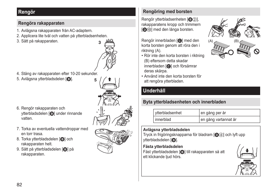 Rengör, Underhåll | Panasonic ESRT33 User Manual | Page 82 / 142