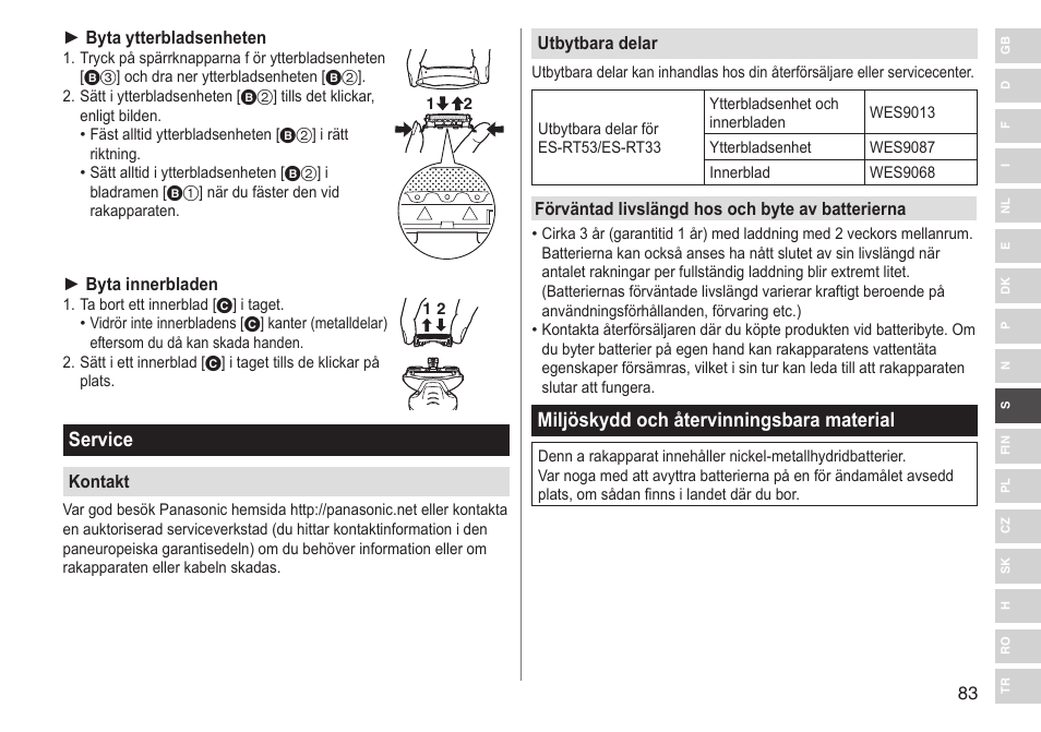 Service, Miljöskydd och återvinningsbara material | Panasonic ESRT33 User Manual | Page 83 / 142