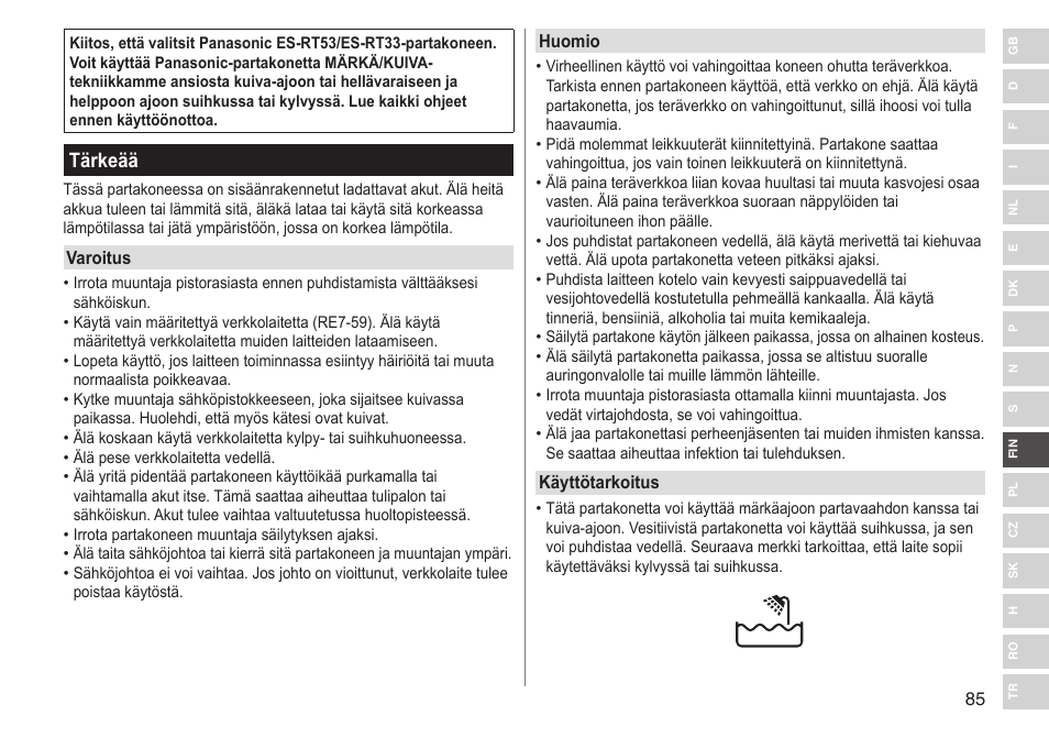 Tärkeää | Panasonic ESRT33 User Manual | Page 85 / 142