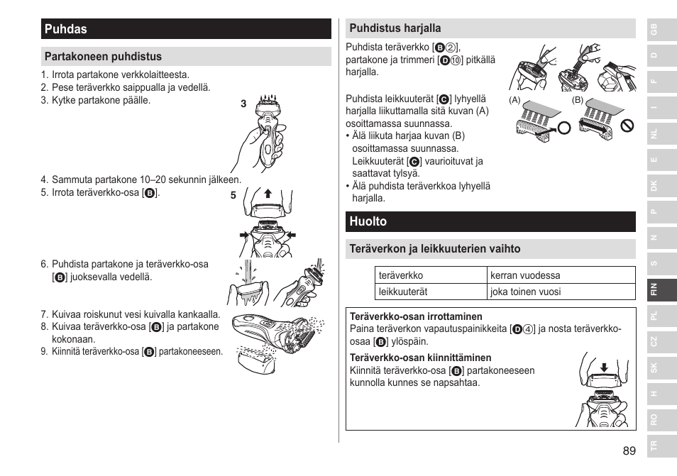 Puhdas, Huolto | Panasonic ESRT33 User Manual | Page 89 / 142