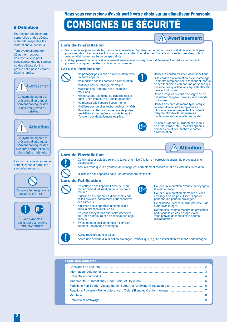 Consignes de sécurité, Avertissement, Attention | Panasonic CSMV9EKE User Manual | Page 2 / 12