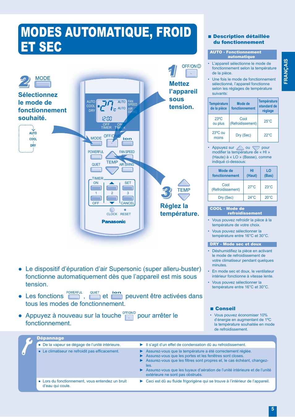 Modes automatique, froid et sec, Mettez l’appareil sous tension, Réglez la température | Panasonic CSMV9EKE User Manual | Page 5 / 12