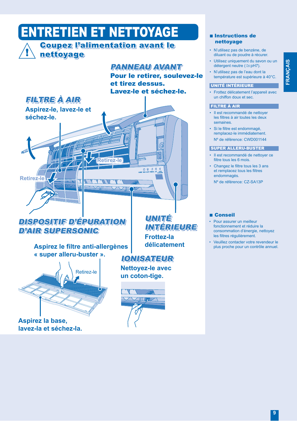 Entretien et nettoyage, Panneau avant, Coupez l’alimentation avant le | Panasonic CSMV9EKE User Manual | Page 9 / 12