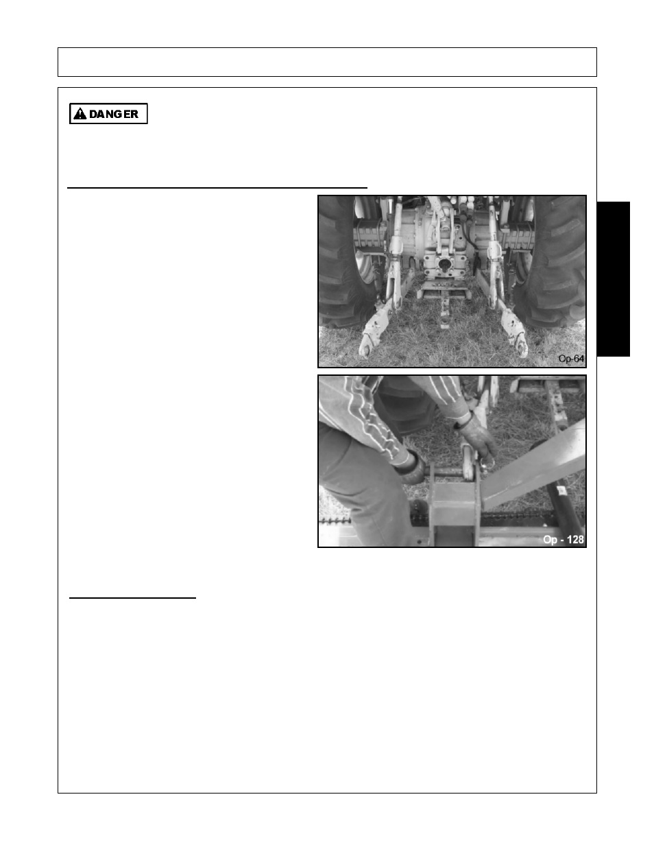 1 connecting the mower a-frame to the tractor, Turn off the tractor engine and dismount, 2 safety tow chain | Operation, Opera t ion | Alamo Interstater FC-FL-0001 User Manual | Page 119 / 186