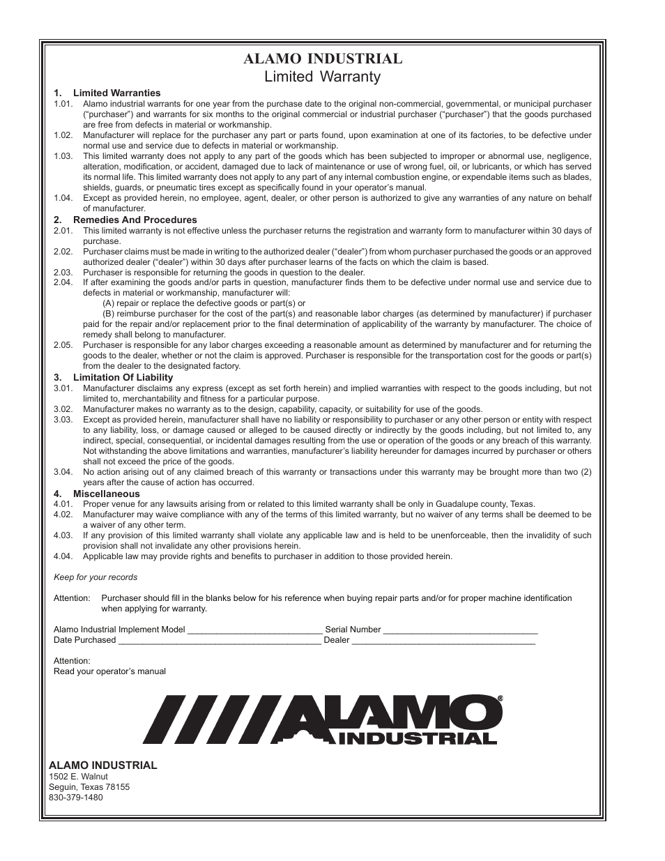 Alamo industrial limited warranty | Alamo RX60 User Manual | Page 50 / 52