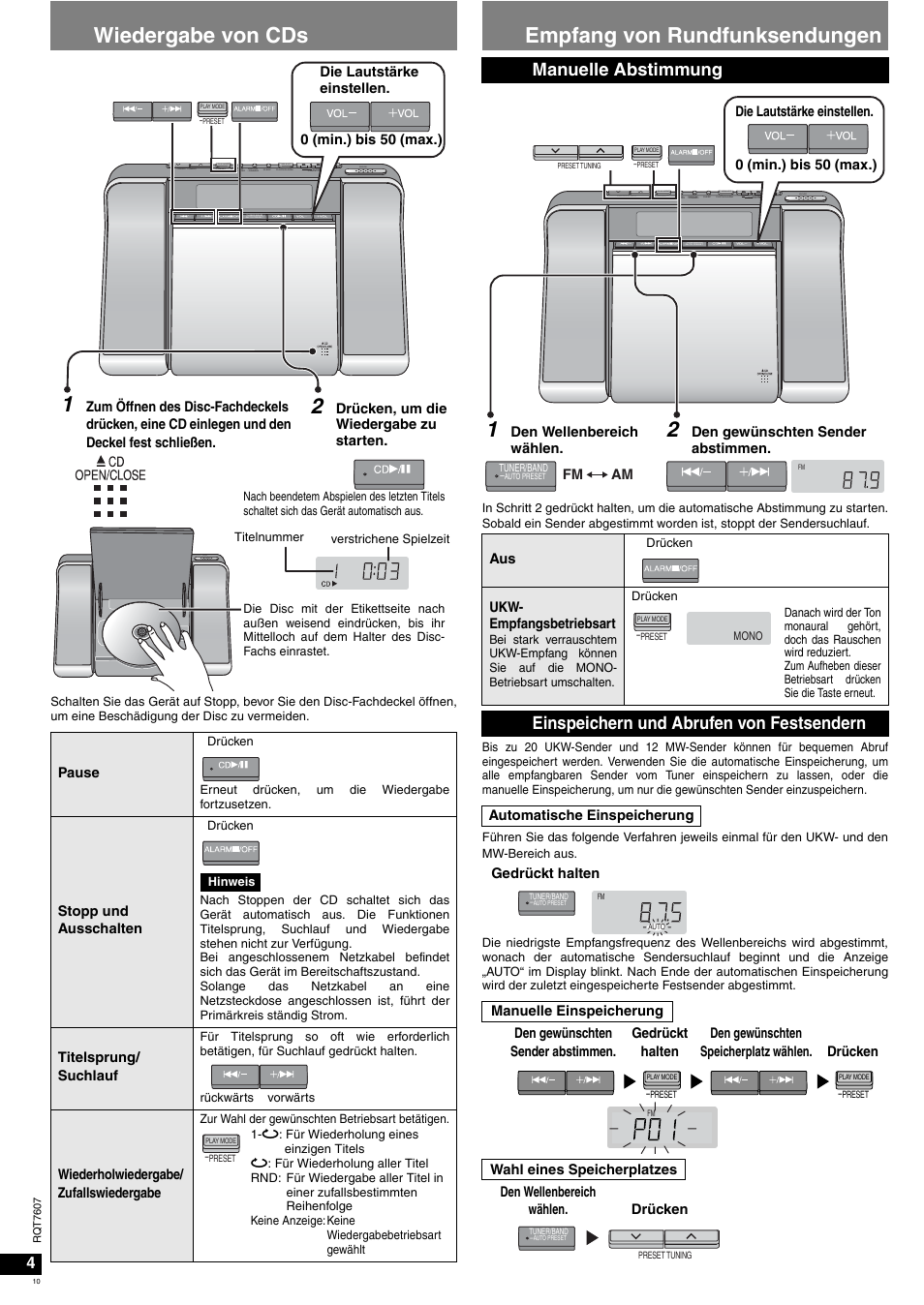 Wiedergabe von cds, Empfang von rundfunksendungen, Manuelle abstimmung | Einspeichern und abrufen von festsendern | Panasonic RCCD350 User Manual | Page 10 / 64