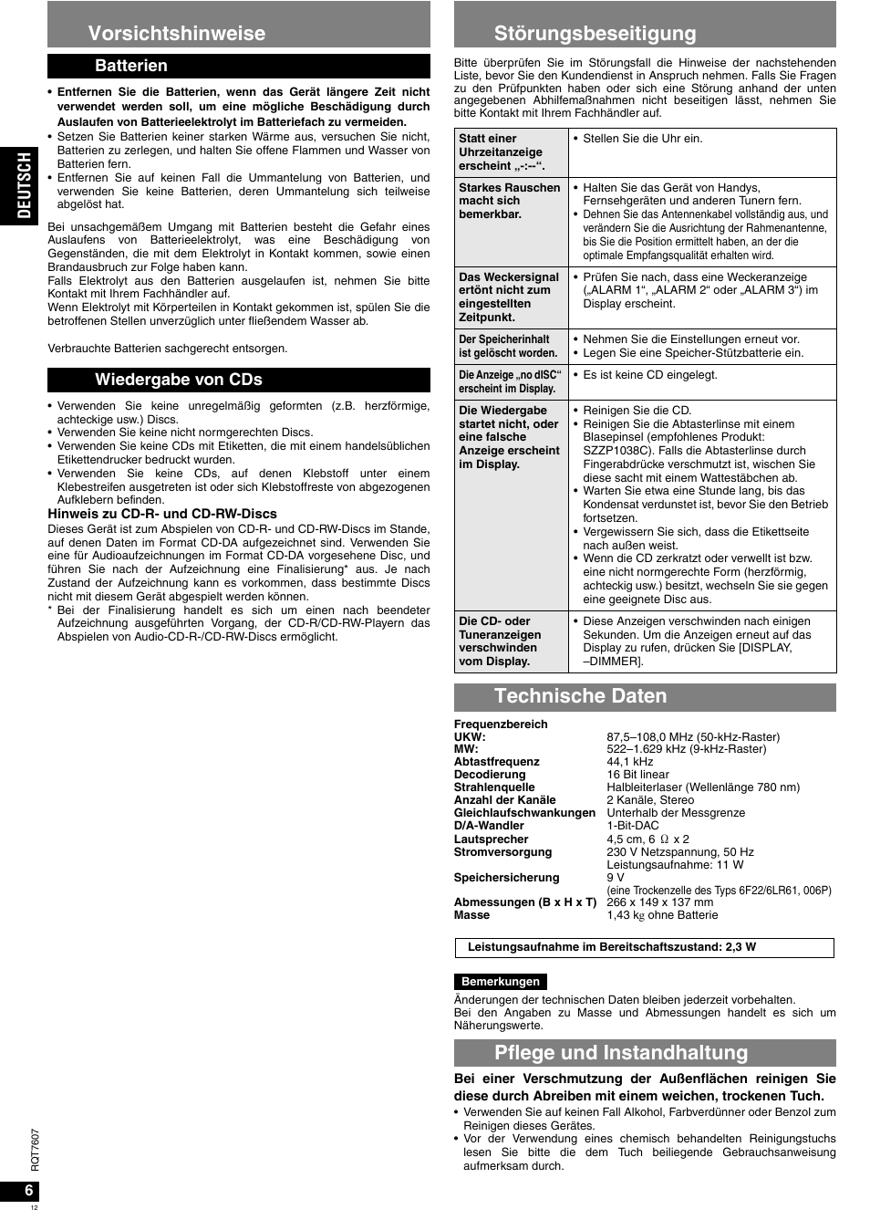 Vorsichtshinweise, Störungsbeseitigung, Technische daten | Pflege und instandhaltung, Batterien wiedergabe von cds, Deutsc h | Panasonic RCCD350 User Manual | Page 12 / 64