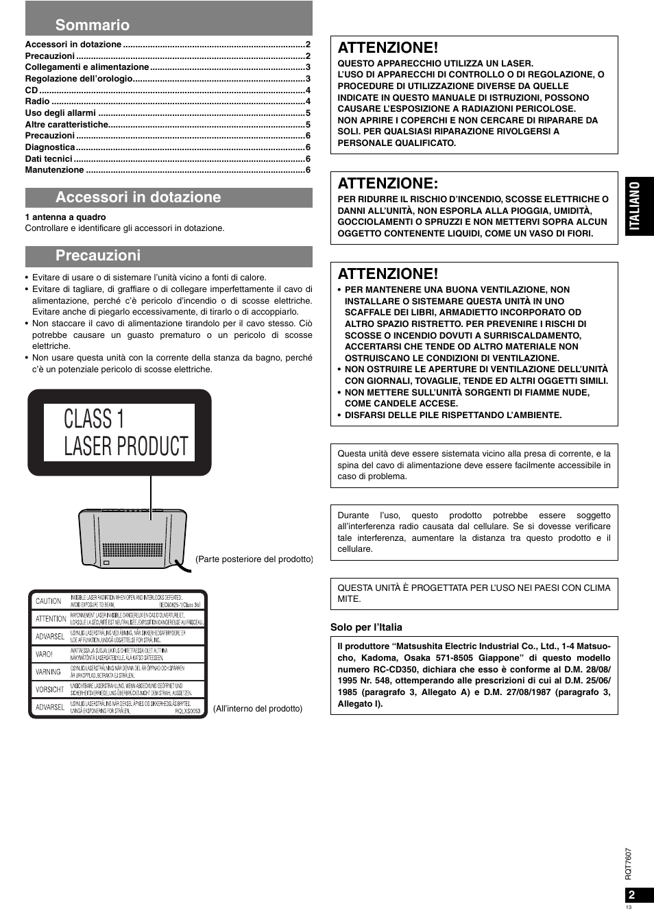 Class 1 laser product, Sommario accessori in dotazione precauzioni, Attenzione | Panasonic RCCD350 User Manual | Page 13 / 64