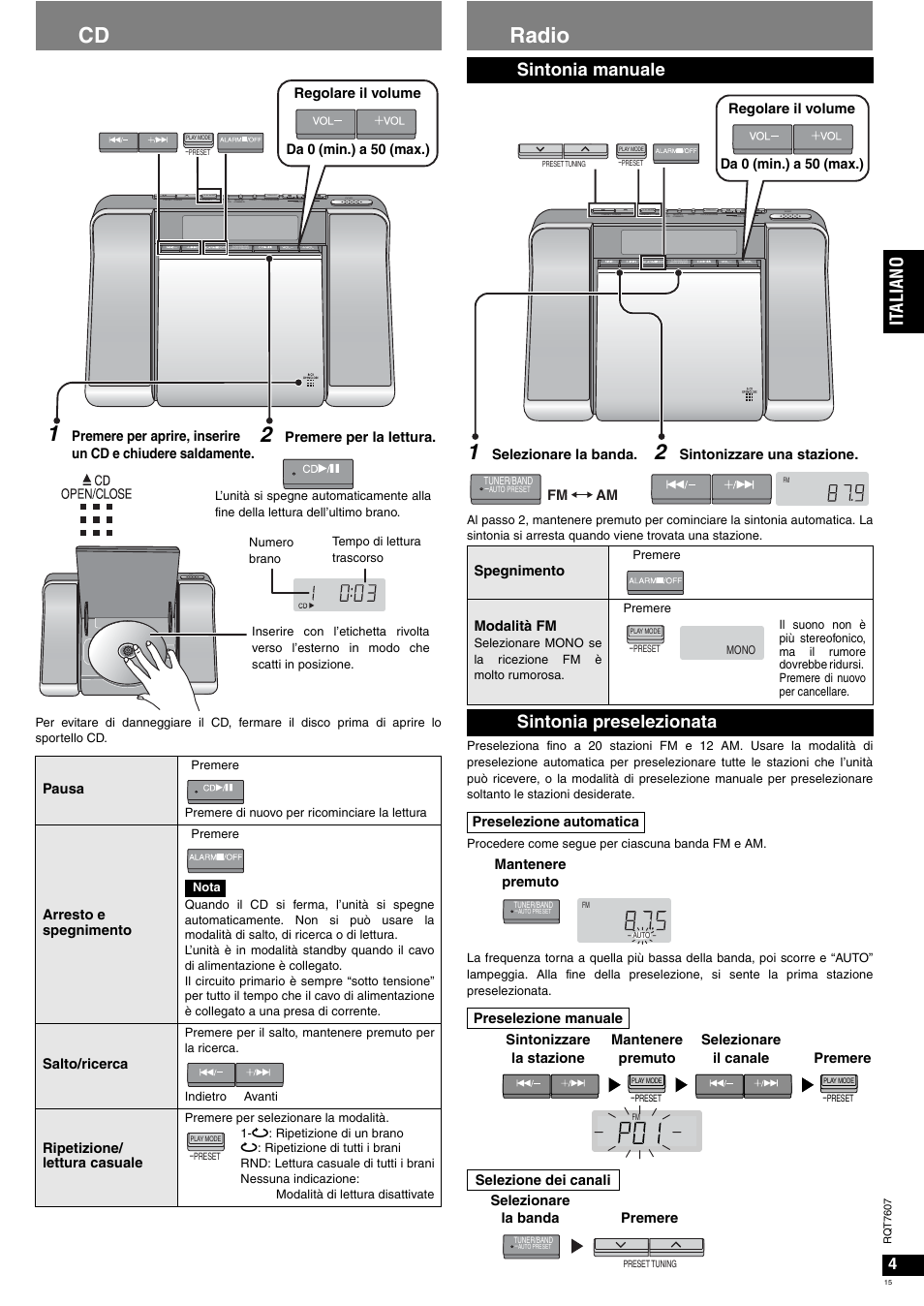 Radio, It al ia no, Sintonia manuale | Sintonia preselezionata | Panasonic RCCD350 User Manual | Page 15 / 64