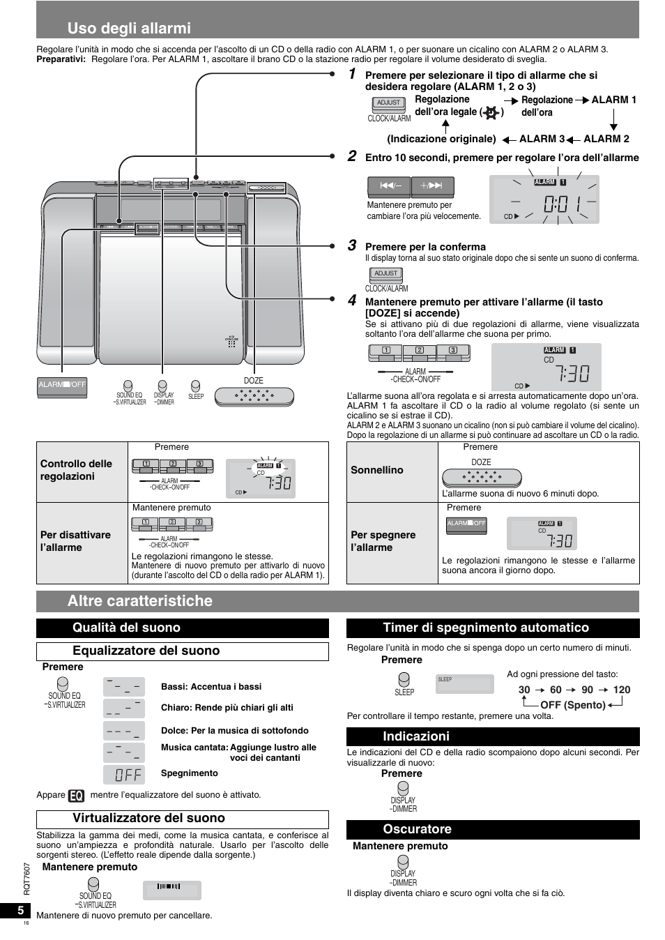 Uso degli allarmi, Altre caratteristiche | Panasonic RCCD350 User Manual | Page 16 / 64