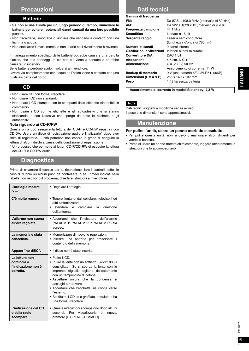 Precauzioni, Diagnostica, Dati tecnici | Manutenzione, It al ia no, Batterie cd | Panasonic RCCD350 User Manual | Page 17 / 64