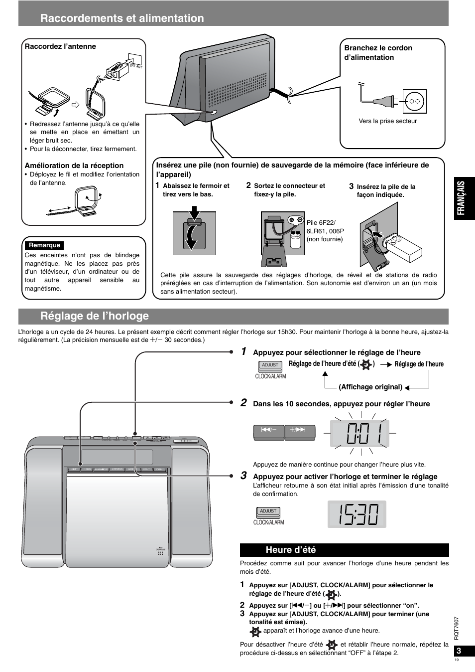 Raccordements et alimentation réglage de l’horloge, Fr an çais, Heure d’été | Panasonic RCCD350 User Manual | Page 19 / 64