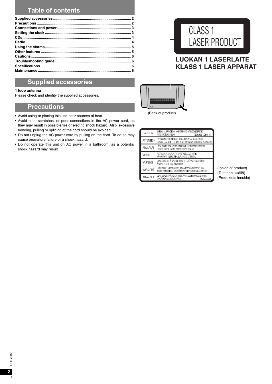 Class 1 laser product, Table of contents supplied accessories precautions, Luokan 1 laserlaite klass 1 laser apparat | Panasonic RCCD350 User Manual | Page 2 / 64