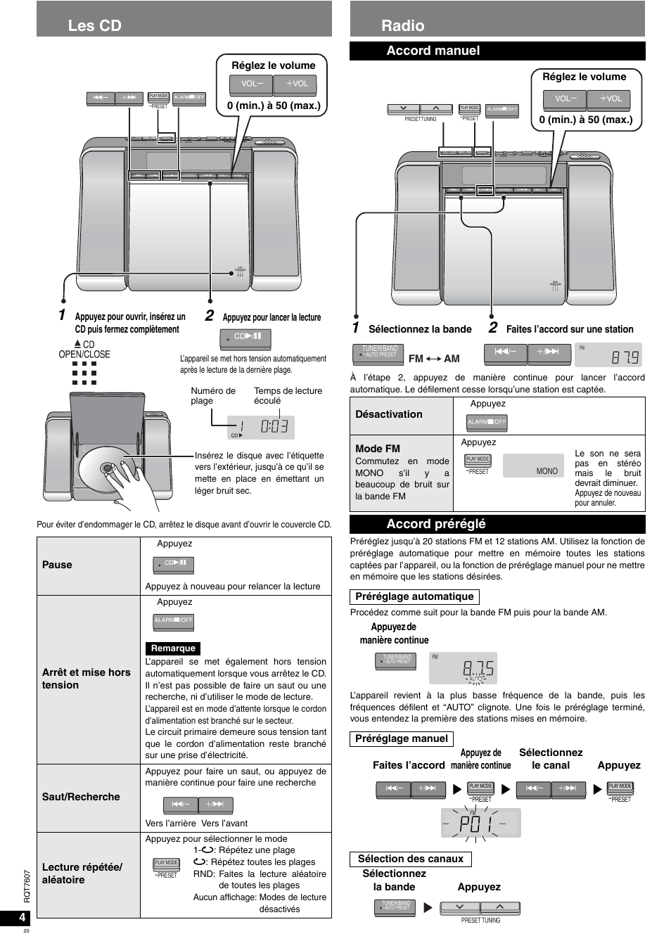 Les cd, Radio, Accord manuel | Accord préréglé | Panasonic RCCD350 User Manual | Page 20 / 64