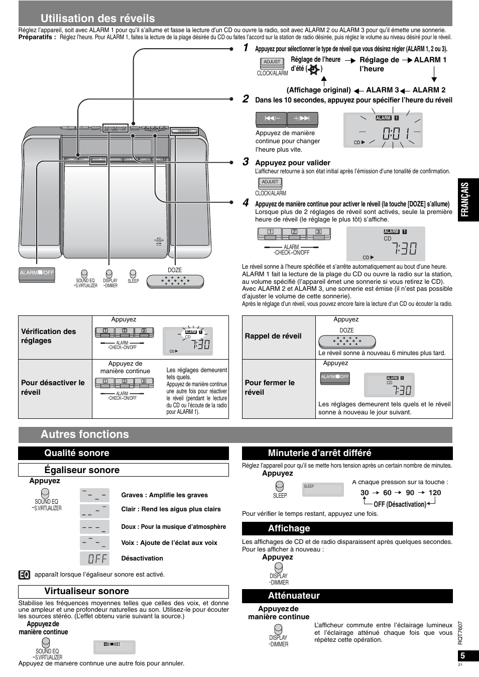 Utilisation des réveils, Autres fonctions, Fr an çais | Minuterie d’arrêt différé affichage atténuateur | Panasonic RCCD350 User Manual | Page 21 / 64