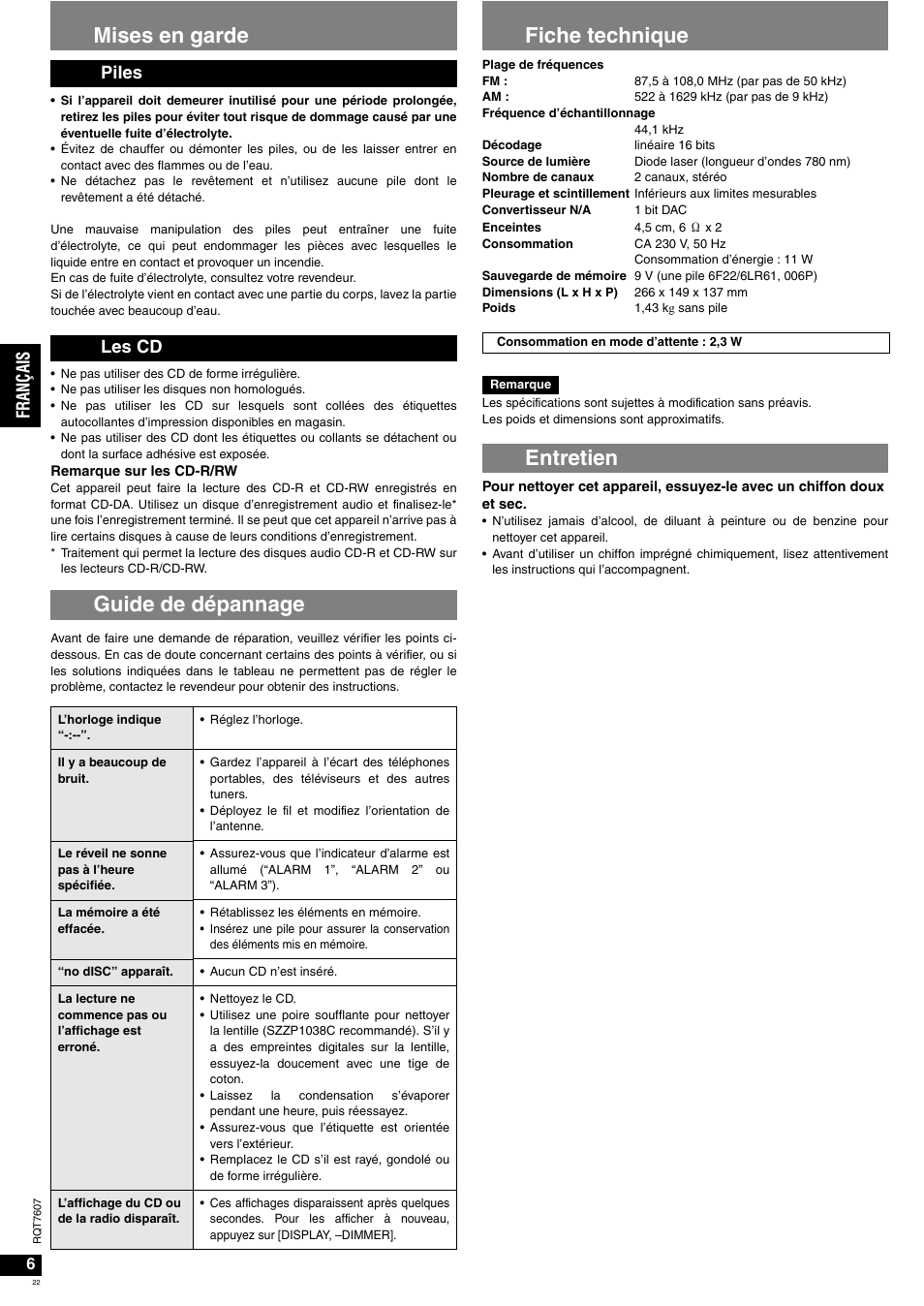 Mises en garde, Guide de dépannage, Fiche technique | Entretien, Piles les cd, Fr an çais | Panasonic RCCD350 User Manual | Page 22 / 64