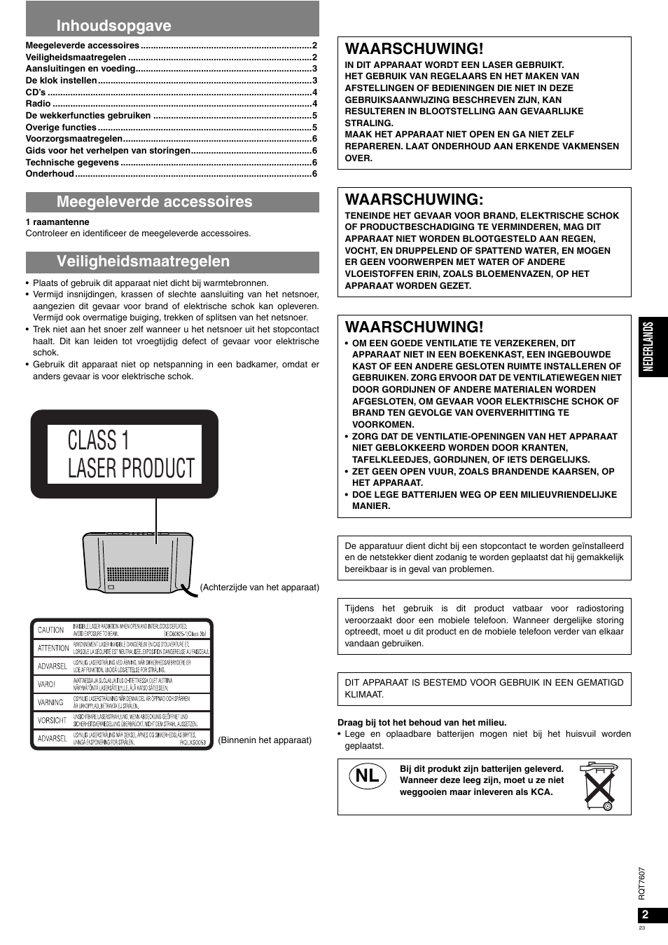 Class 1 laser product, Waarschuwing | Panasonic RCCD350 User Manual | Page 23 / 64