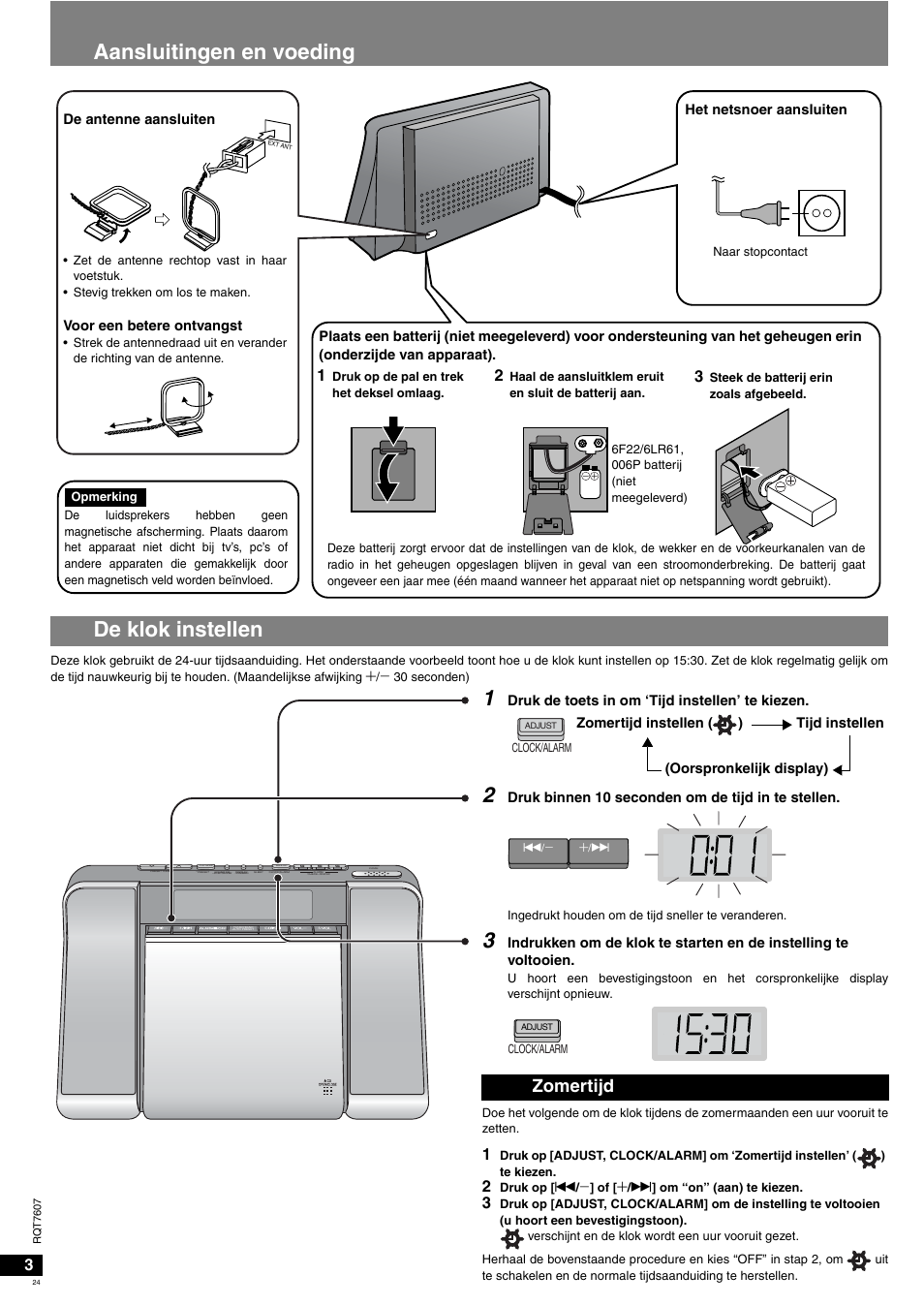 Aansluitingen en voeding de klok instellen, Zomertijd | Panasonic RCCD350 User Manual | Page 24 / 64