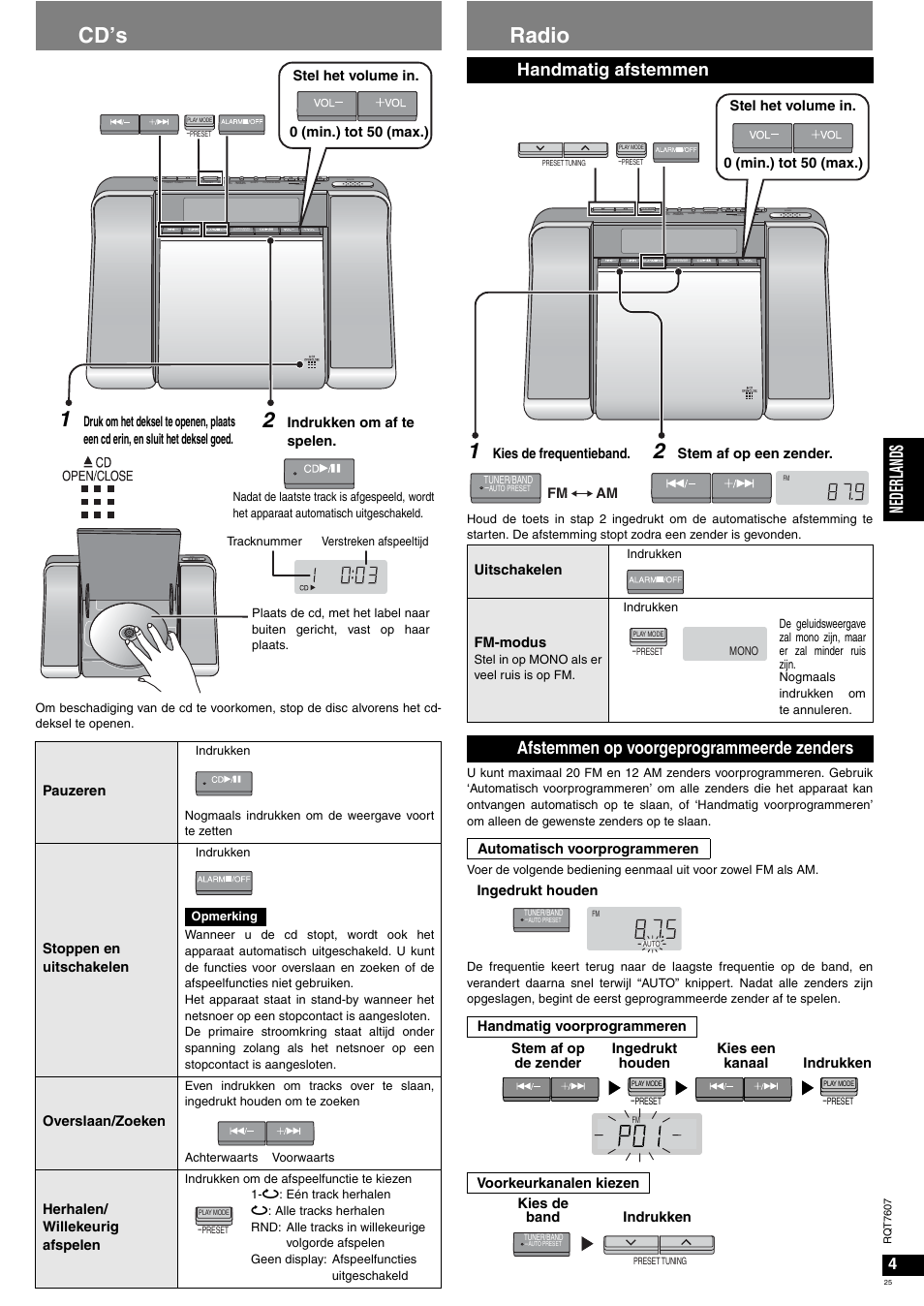 Cd’s, Radio, Nede rl ands | Handmatig afstemmen, Afstemmen op voorgeprogrammeerde zenders | Panasonic RCCD350 User Manual | Page 25 / 64