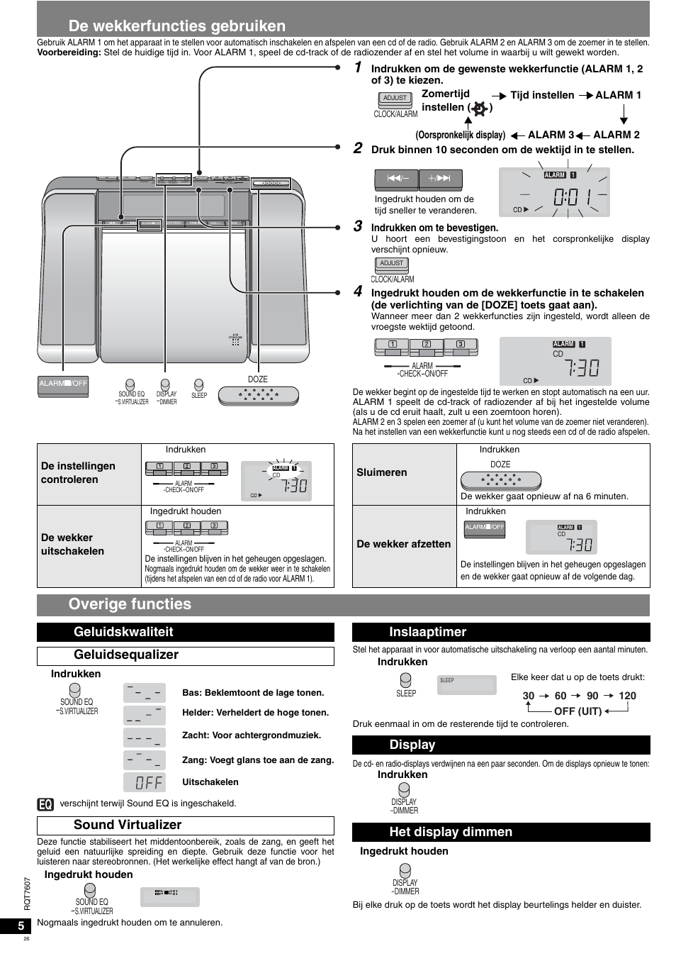 De wekkerfuncties gebruiken, Overige functies, Inslaaptimer display het display dimmen | Panasonic RCCD350 User Manual | Page 26 / 64
