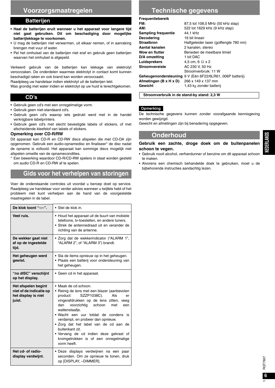 Voorzorgsmaatregelen, Gids voor het verhelpen van storingen, Technische gegevens | Onderhoud, Nede rl ands, Batterijen cd’s | Panasonic RCCD350 User Manual | Page 27 / 64