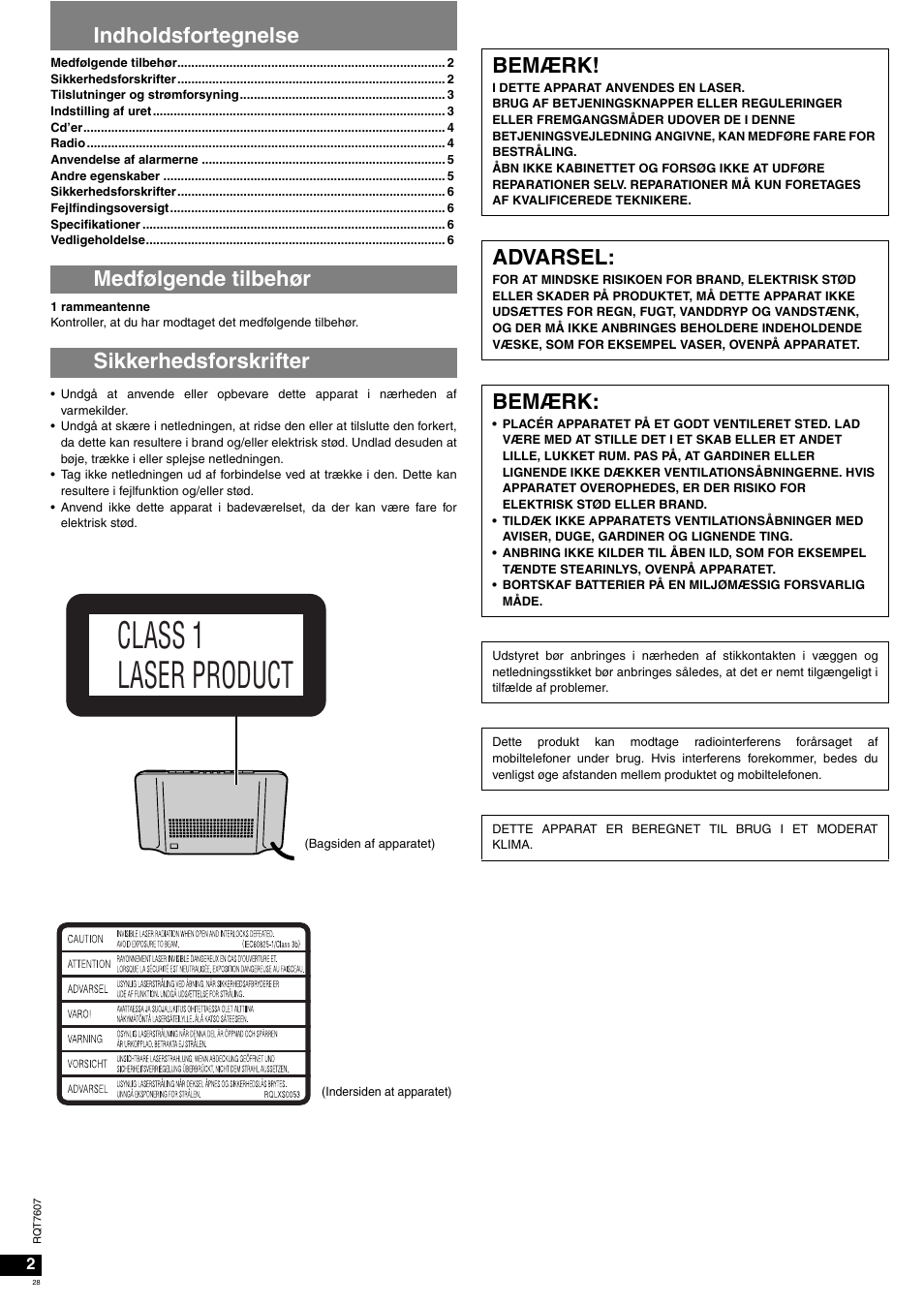 Class 1 laser product, Bemærk, Advarsel | Panasonic RCCD350 User Manual | Page 28 / 64