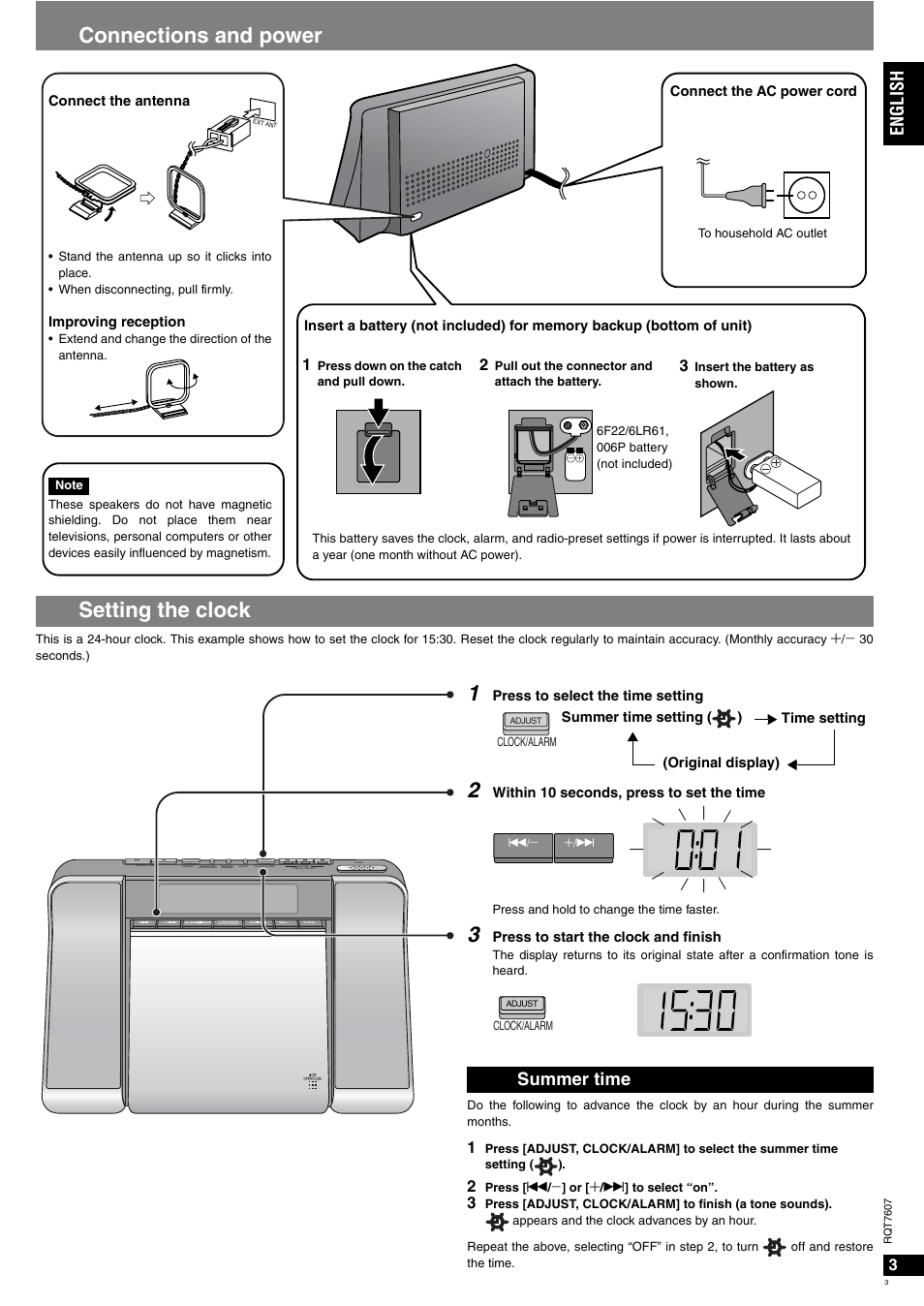 Connections and power setting the clock, English, Summer time | Panasonic RCCD350 User Manual | Page 3 / 64