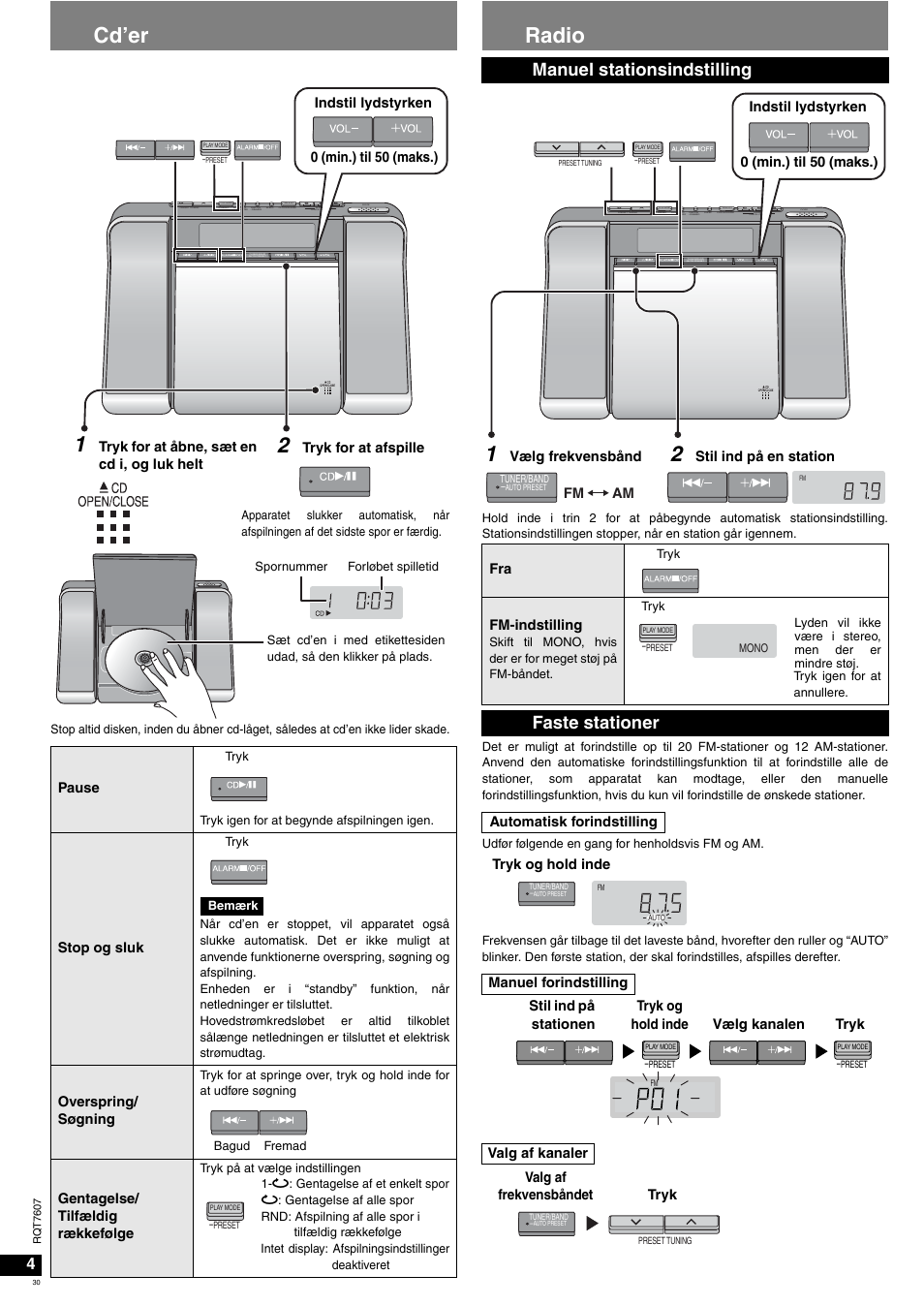 Cd’er, Radio, Manuel stationsindstilling | Faste stationer | Panasonic RCCD350 User Manual | Page 30 / 64