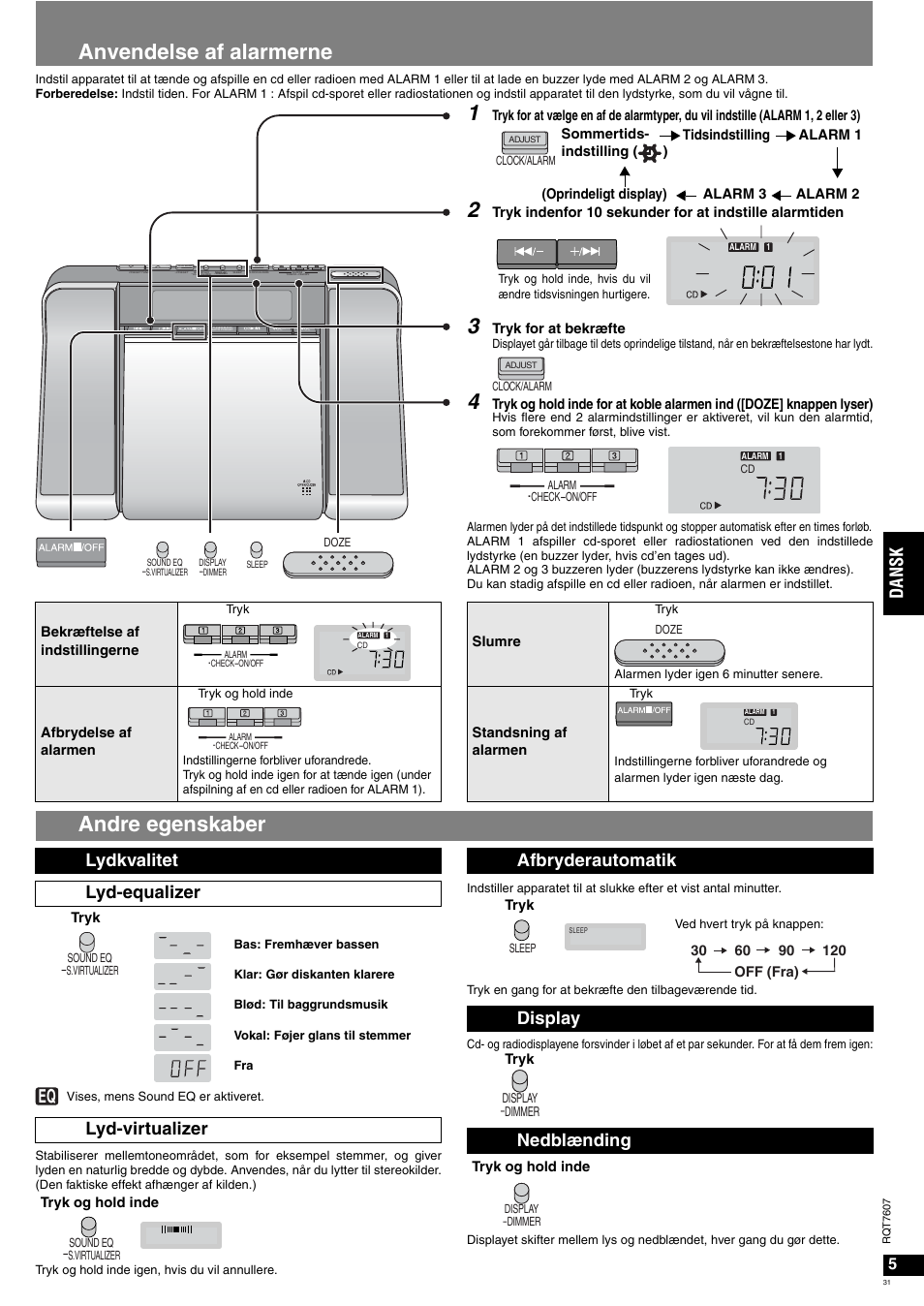 Anvendelse af alarmerne, Andre egenskaber, Dans k | Lydkvalitet lyd-equalizer lyd-virtualizer, Afbryderautomatik display nedblænding | Panasonic RCCD350 User Manual | Page 31 / 64