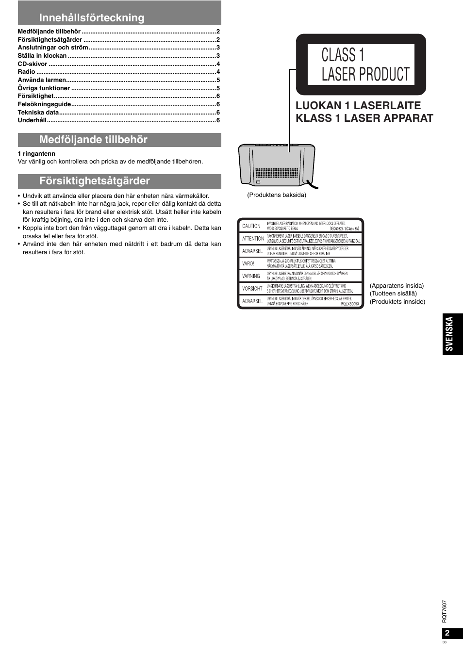 Class 1 laser product, Luokan 1 laserlaite klass 1 laser apparat | Panasonic RCCD350 User Manual | Page 33 / 64