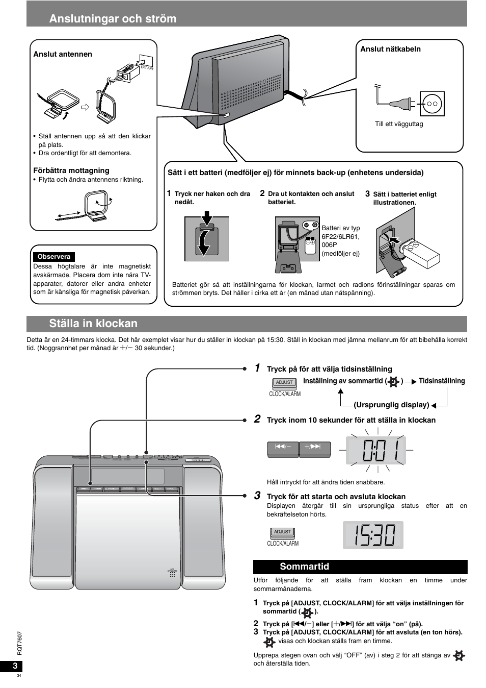 Anslutningar och ström ställa in klockan, Sommartid | Panasonic RCCD350 User Manual | Page 34 / 64