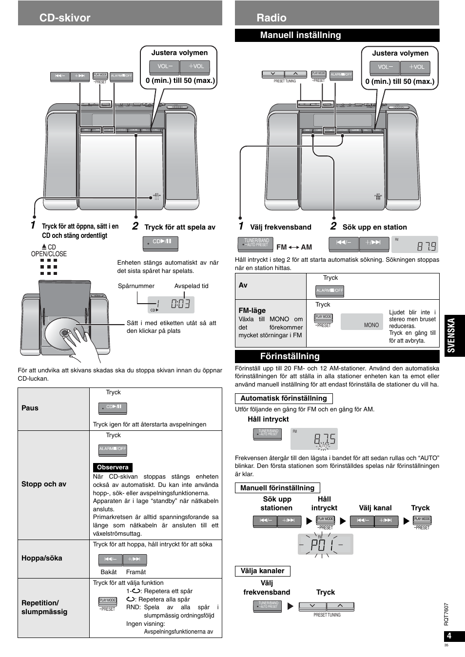 Cd-skivor, Radio, Sv en ska | Manuell inställning, Förinställning | Panasonic RCCD350 User Manual | Page 35 / 64