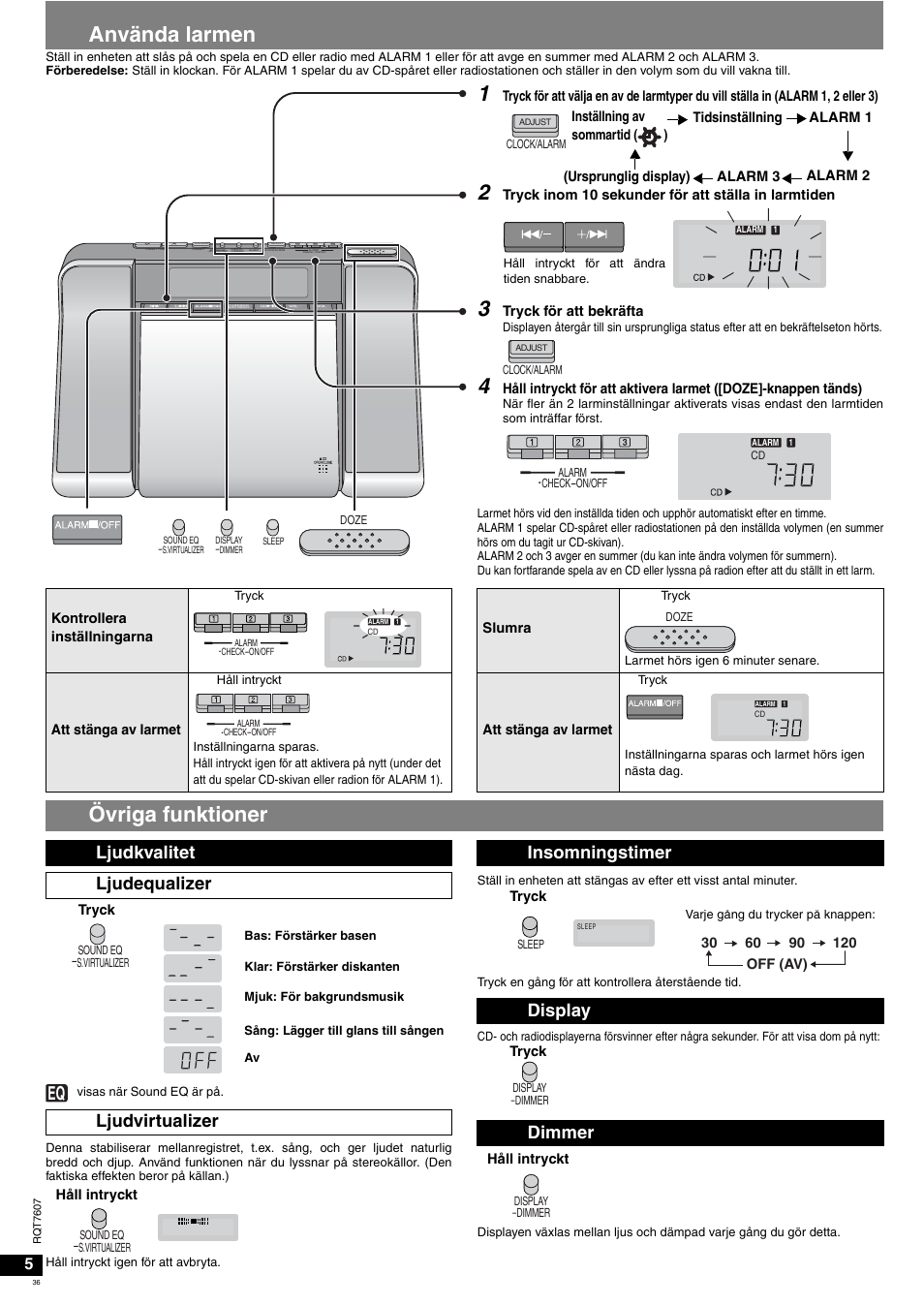 Använda larmen, Övriga funktioner, Ljudkvalitet ljudequalizer ljudvirtualizer | Insomningstimer display dimmer | Panasonic RCCD350 User Manual | Page 36 / 64