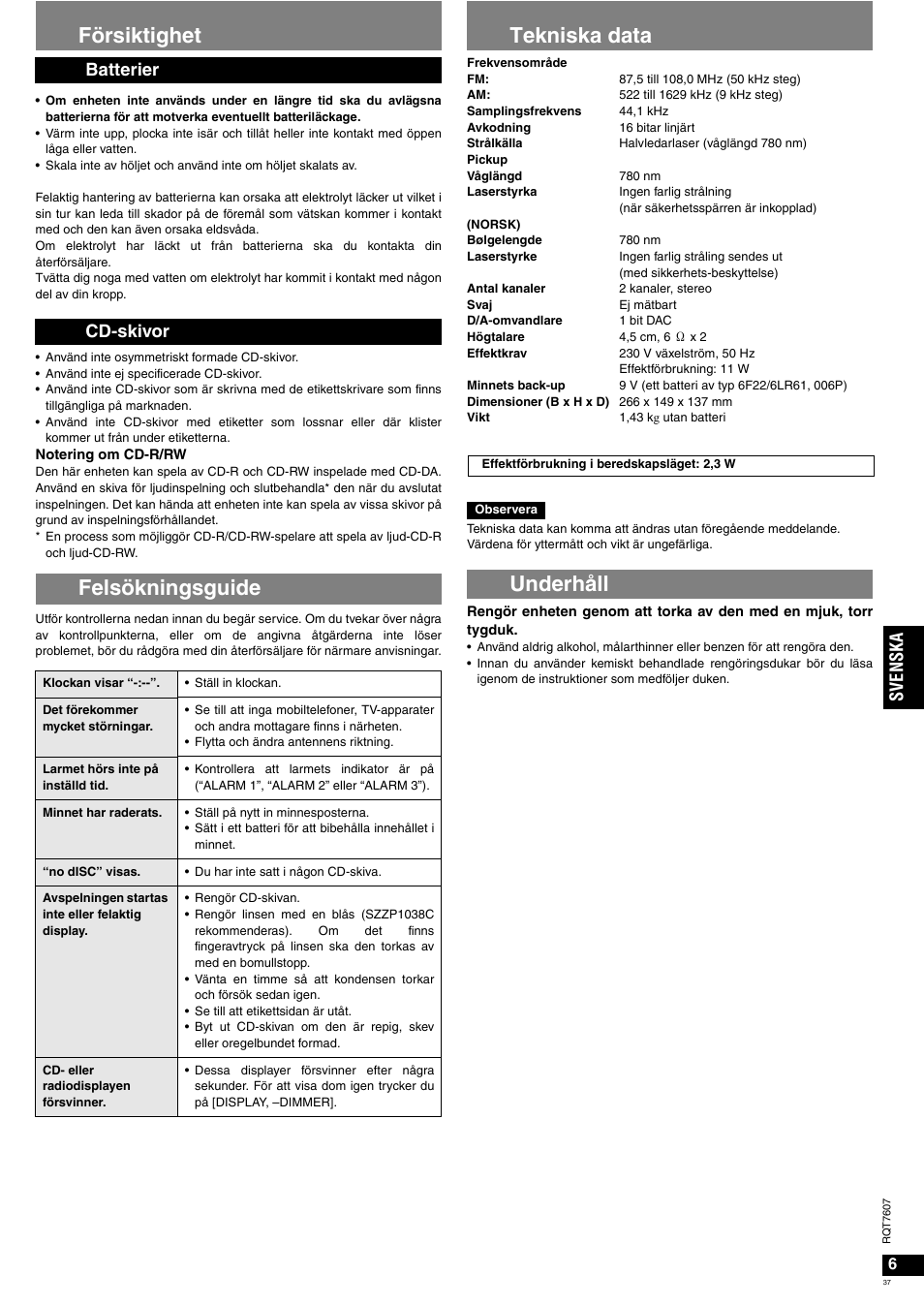 Försiktighet, Felsökningsguide, Tekniska data | Underhåll, Sv en ska, Batterier cd-skivor | Panasonic RCCD350 User Manual | Page 37 / 64