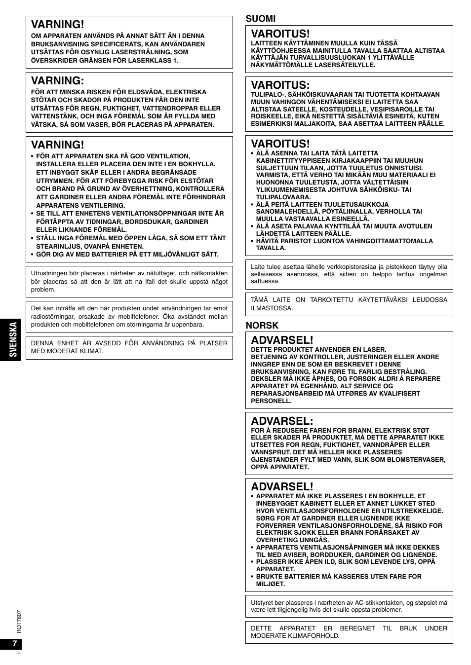 Varning, Varoitus, Advarsel | Suomi norsk, Sv en ska | Panasonic RCCD350 User Manual | Page 38 / 64