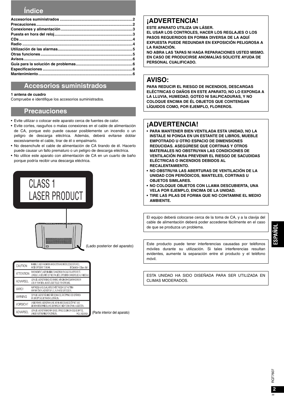 Class 1 laser product, Índice accesorios suministrados precauciones, Advertencia | Aviso | Panasonic RCCD350 User Manual | Page 39 / 64