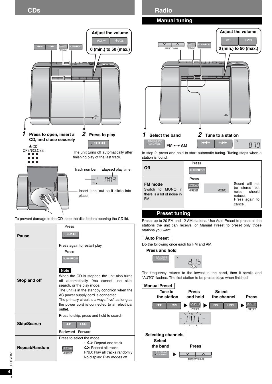 Radio, Manual tuning, Preset tuning | Panasonic RCCD350 User Manual | Page 4 / 64